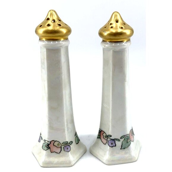 Germany Salt and Pepper Shakers Floral Hand Painted White Luster 1930 4.5" - Picture 4 of 9